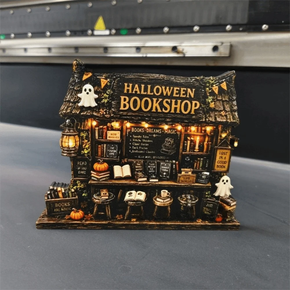 Wooden 2D Flat Halloween Ornaments Vintage Shop Shape Mini Bookstore Ornament Ghost Witch Hat Bookshelf Corner Decor Halloween