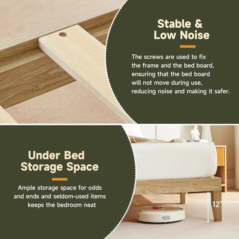

Queen Bed Frame 12 Inch Wooden Bedframe with Solid Wood Slat Support, Minimalist Queen-Size Wood Platform No Box Spring Needed