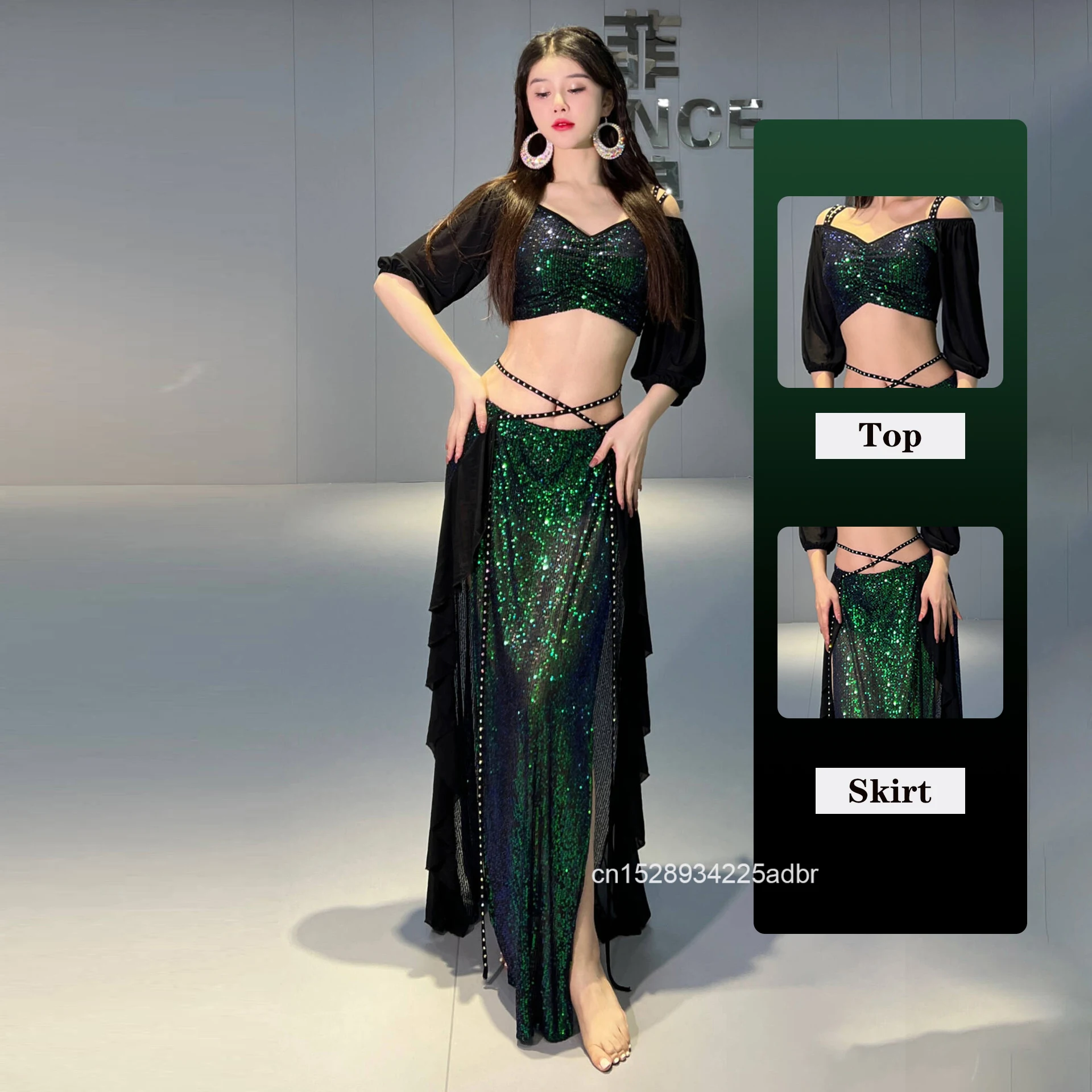 Vrouwen Buikdans Praktijk Kleding Off-shoulder Top Rok Split Kostuum Set 2 Stuks Sexy Buikdans Set Pailletten rok Nieuwe
