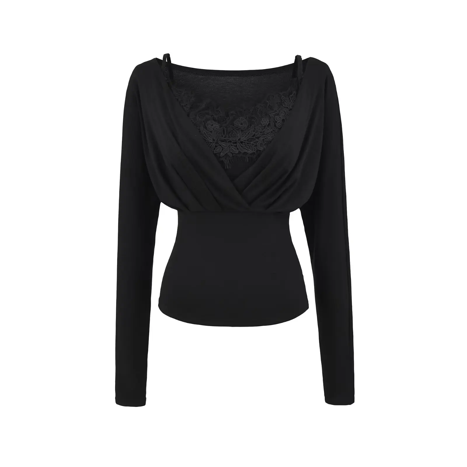 Setelan Wanita Musim Gugur Pure Desire Sle Long Sve T-irt, Atasan Vest Tali dengan Patchwork Renda, Setelan Dua Potong Desain V-Neck