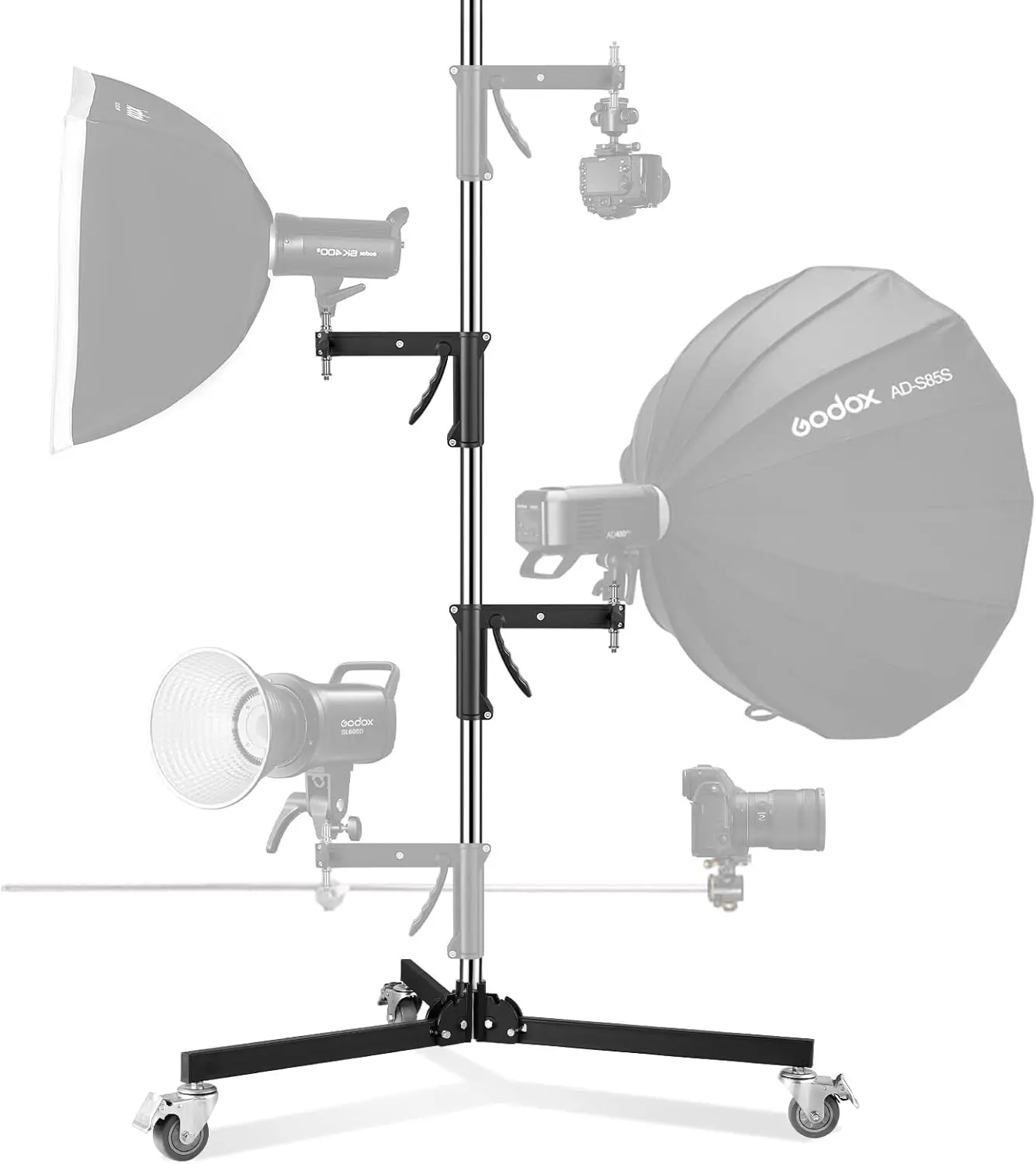 Heavy Duty M20 Steel Wheeled Light Stand with Sliding Arm, Max Height 6.5' Load 22 Lbs for Photography