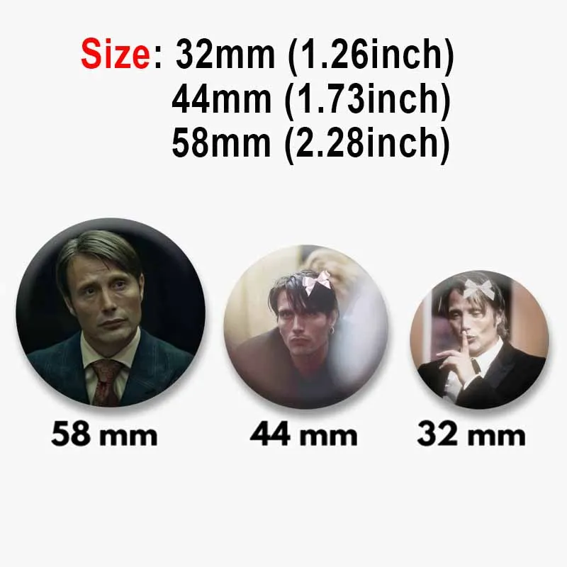 Classic TV Show Character Mads Mikkelsen Hannibal Button Pins Tinplate Round Brooch Bag Clothes Accessories Badge Jewelry Gifts