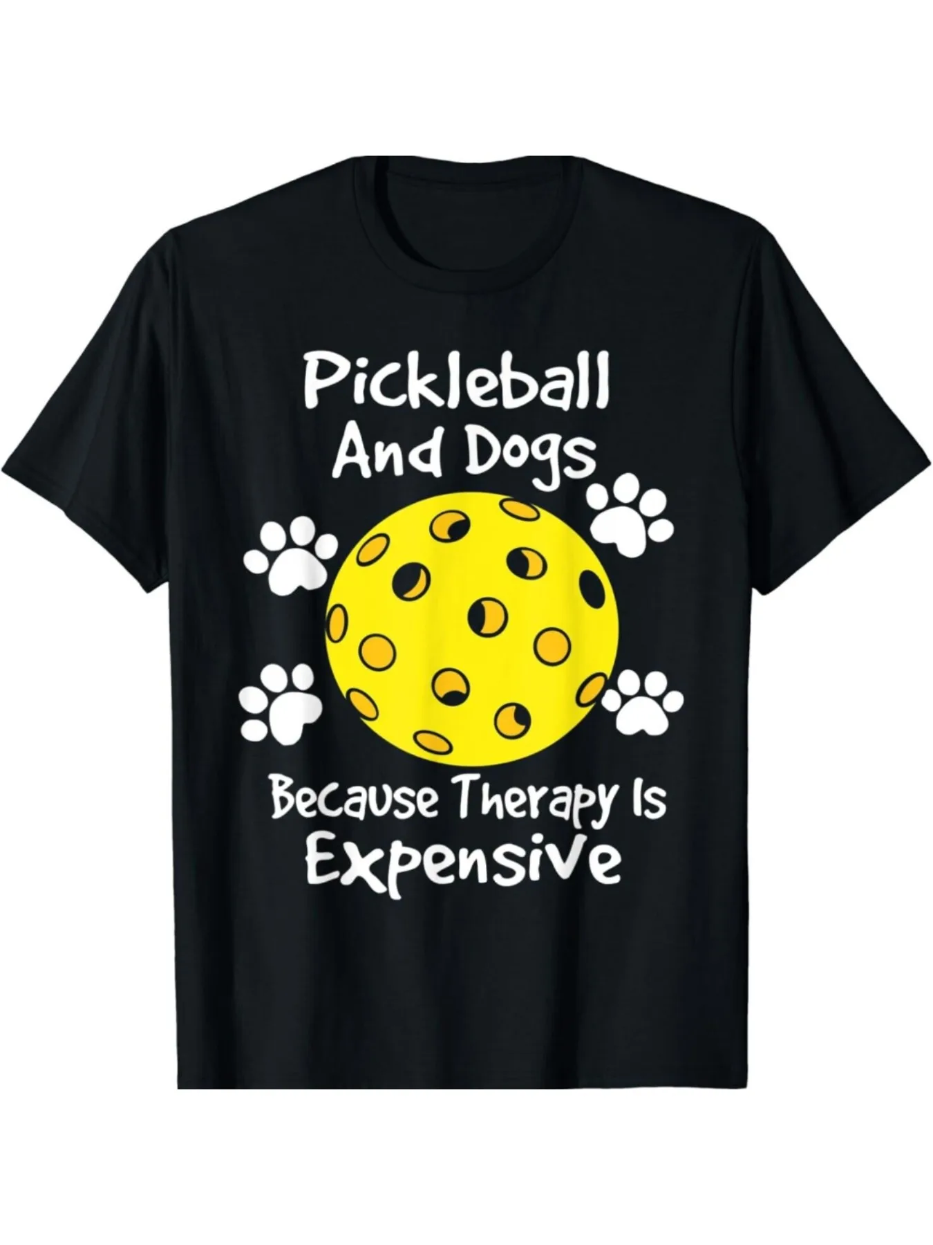 

Pickleball and Dogs Lover's Delight Tee Cotton T-Shirt, Black with Yellow Pickleball Design, Casual Round Neck, All-Season Wear