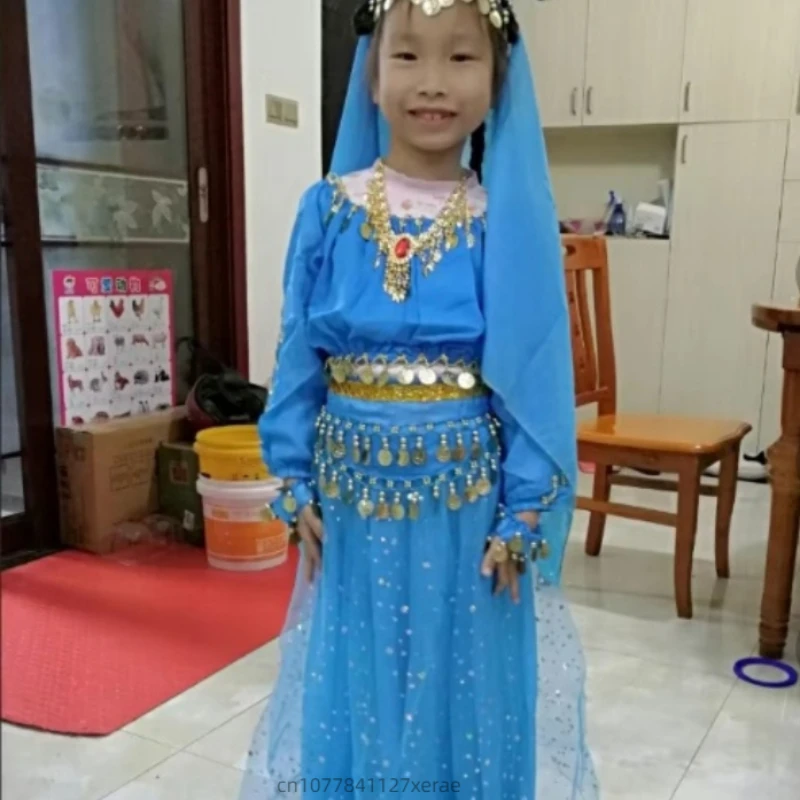 Traje de performance de dança indiana infantil, fantasia de performance de dança do ventre adulto, conjunto de mangas compridas para dança étnica de meninas