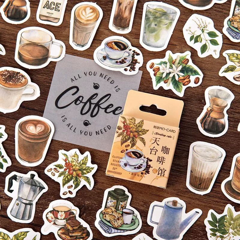 45PCS Vintage Coffee Themed Boxed Stickers Latte Coffee Cup Bean Decorative Sticker Pack for Journal Scrapbooking