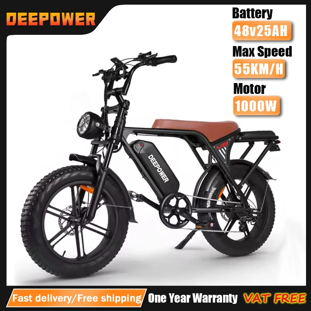 DEEPOWER V8 Dağ Motosikleti 1000 W 48 V 25AH Elektrikli Bisiklet Yetişkin EBIKE 20 Inç Kalın Lastik Off-Road Katlanır Elektrikli ebike