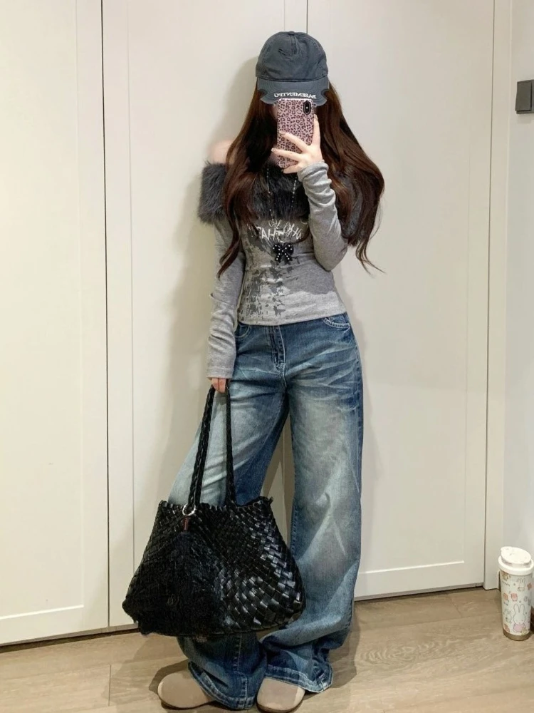 

American Vintage Off Shoulder T-shirt Pure Color Letter Pattern Subculture Long Sleeve Slim Spicy Style Faux Fur Blouse Autumn