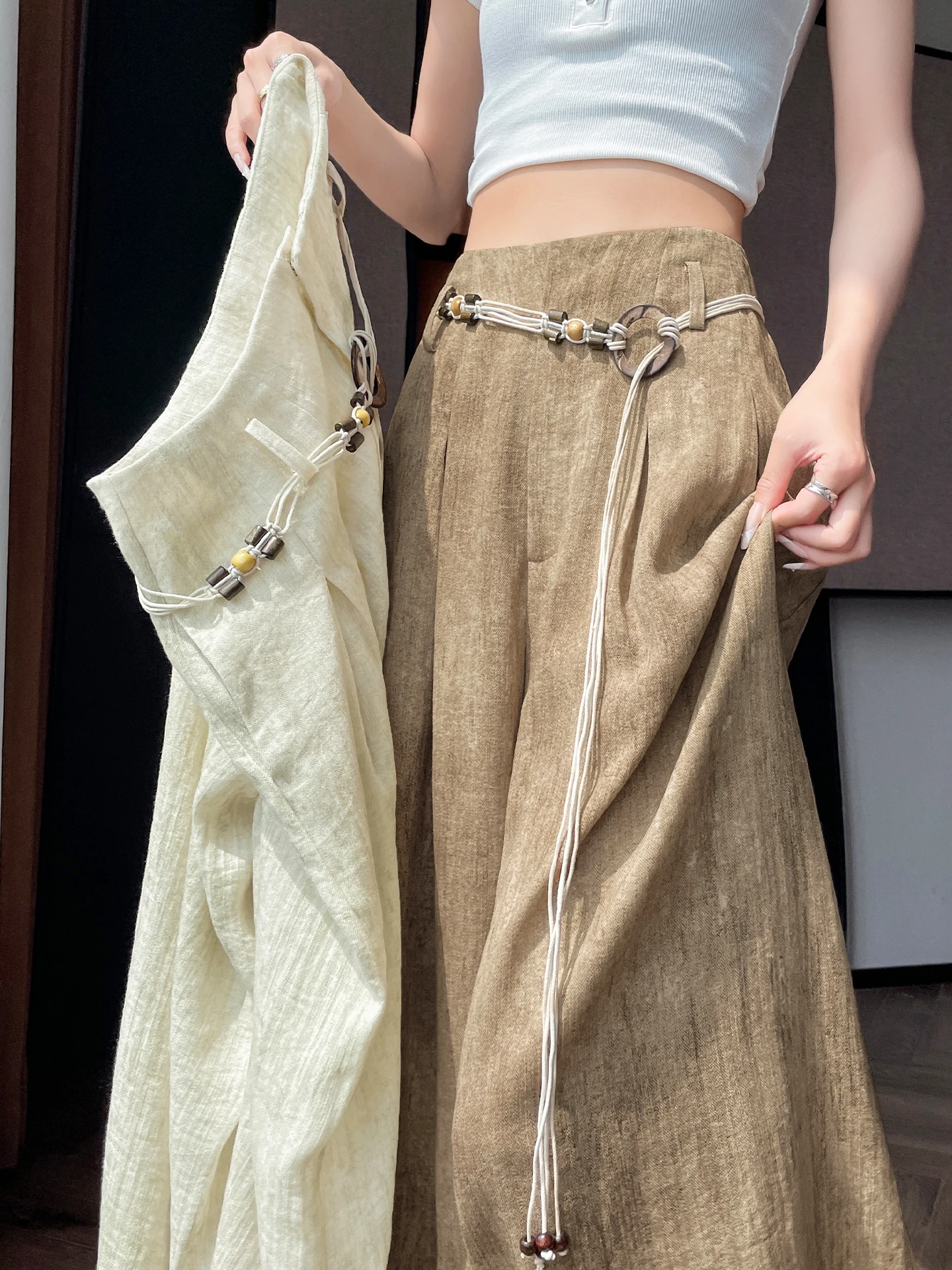 Spring Summer Thin Linen Wide Leg Pants Women's Retro Tie Dye Print Loose Fit High Waist Zipper Closure Casual Trousers