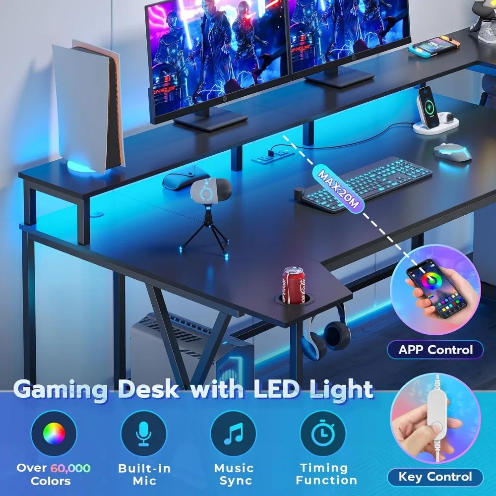 Gaming Desk 70.8'' with LED Lights and Storage Shelves,Computer Desk with Monitor Stand, Power Outlets and Cup Holder,Large Desk