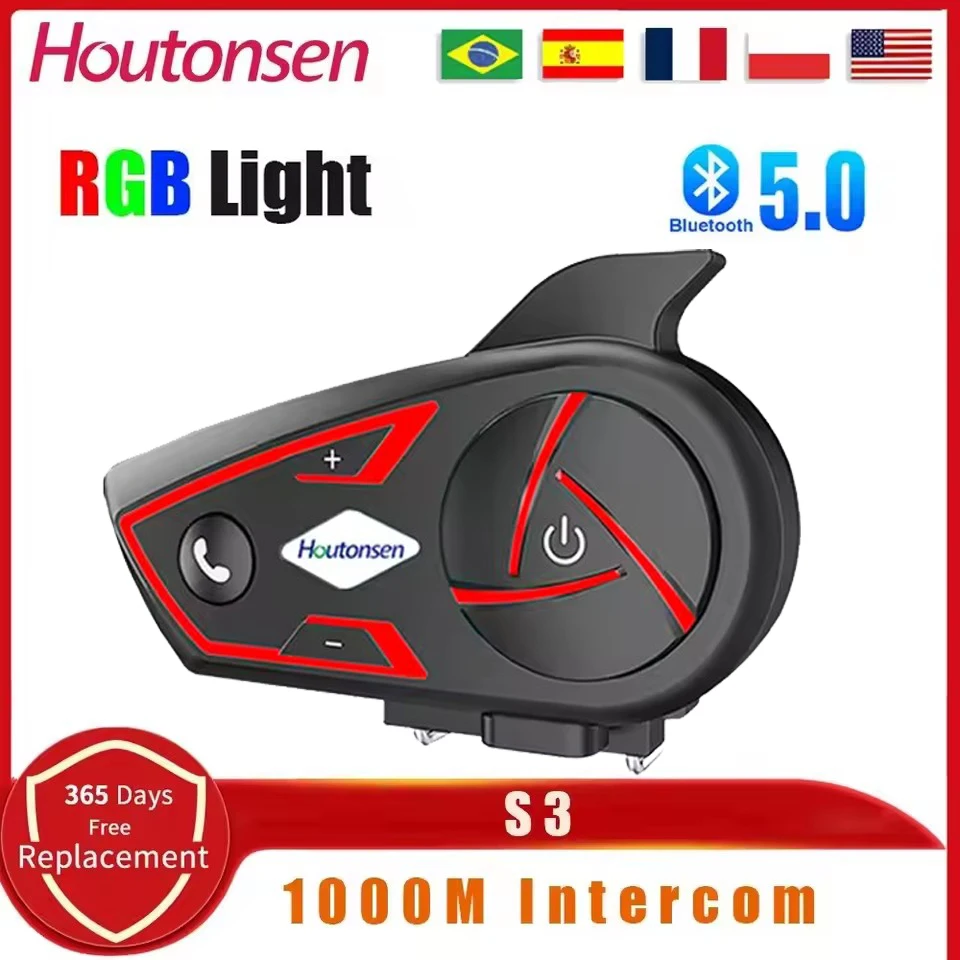 

Houtonsen S3 мотоциклетный шлем для внутренней связи Bluetooth-гарнитура водонепроницаемая 2 гонщика беспроводной 1000 м коммуникатор трехцветный окружающий свет