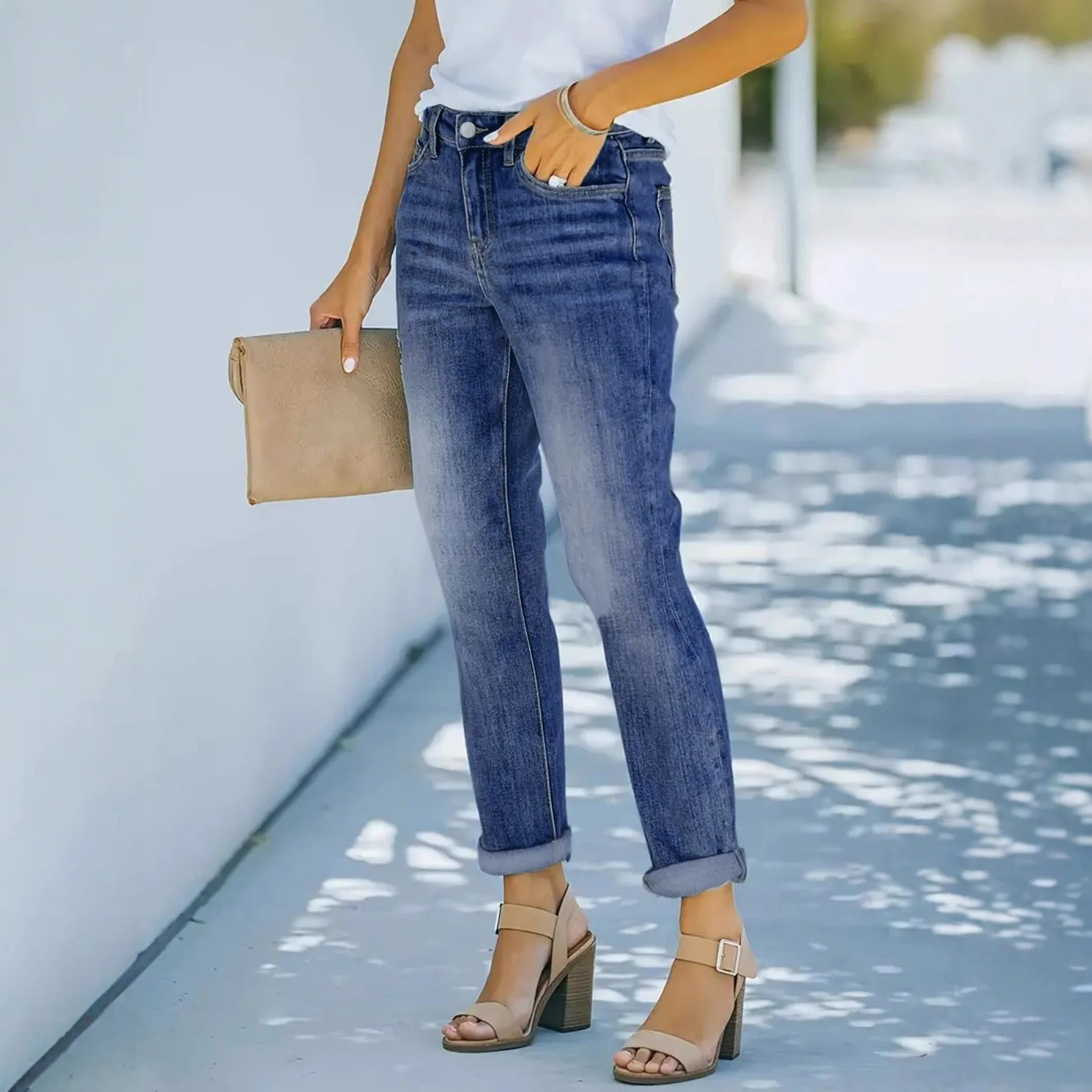 European and American Dark Blue Elastic Denim Straight-leg Pants Pipe Pants