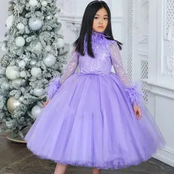 Jill Wish Luxury Arabic Lilac Girl Dress Feathers Long Sleeve Dubai Kids Princess Birthday Wedding Party Ball Gown 2024 J371
