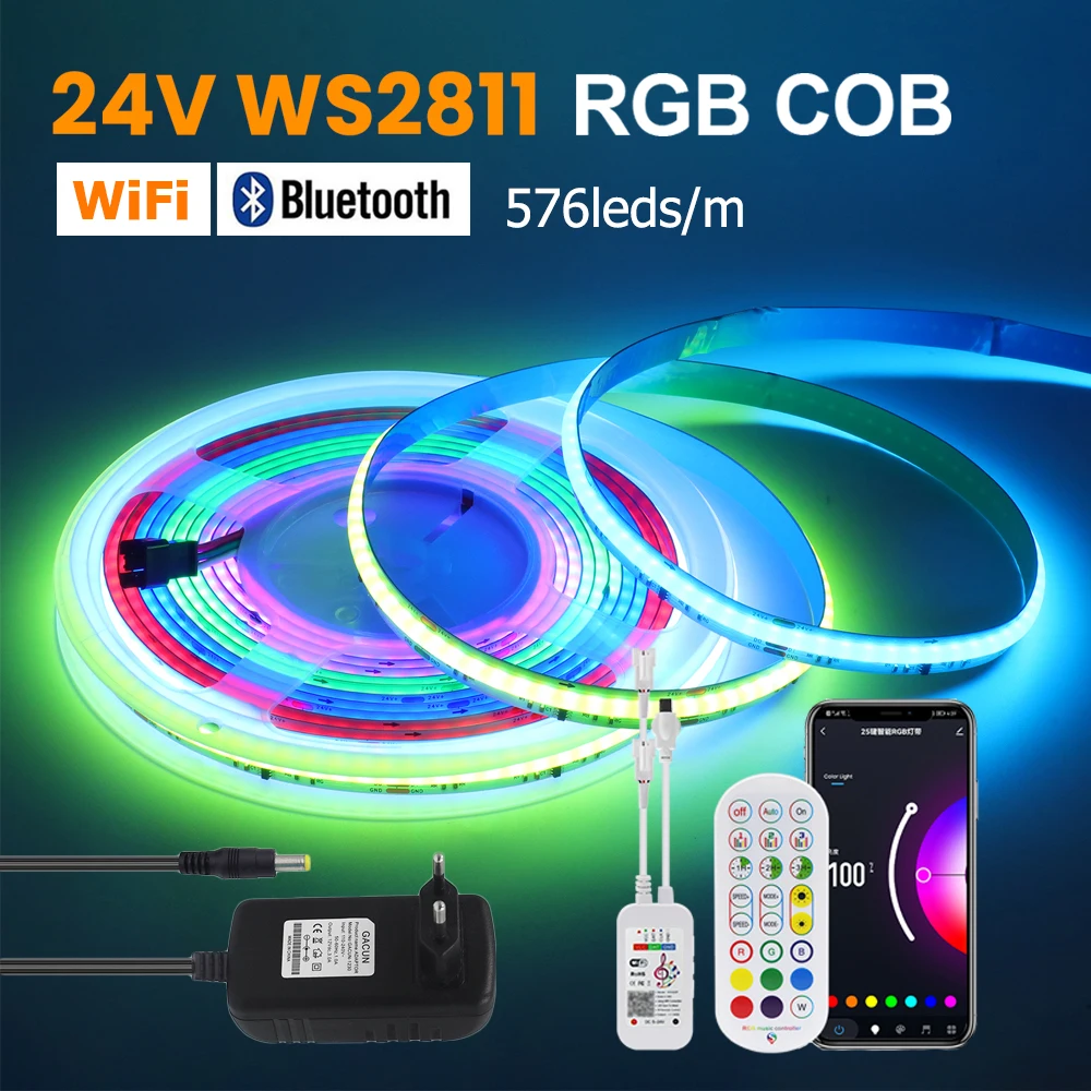 WiFi Bluetooth Control RGB COB LED Strip DC 12V 24V 576LEDs/m TV BackLight WS2811 Flexible Tape Light for Party Room Decoration