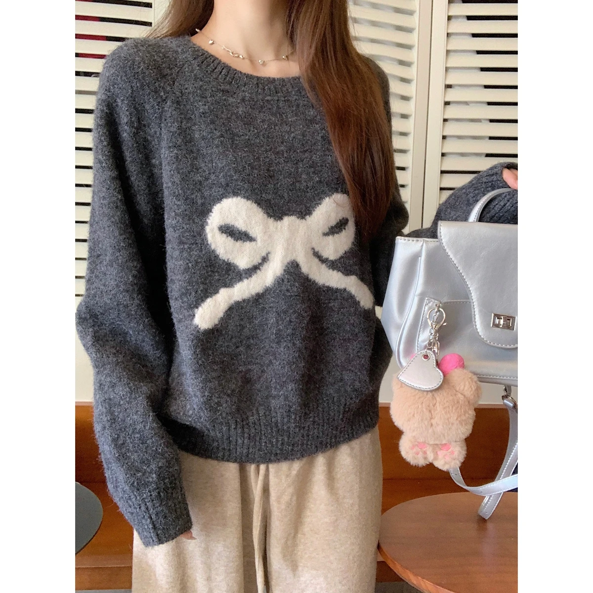 

Корейский свободный свитер, женский жаккардовый бархатный вязаный топ с круглым вырезом и узлом-бабочкой, осень-зима