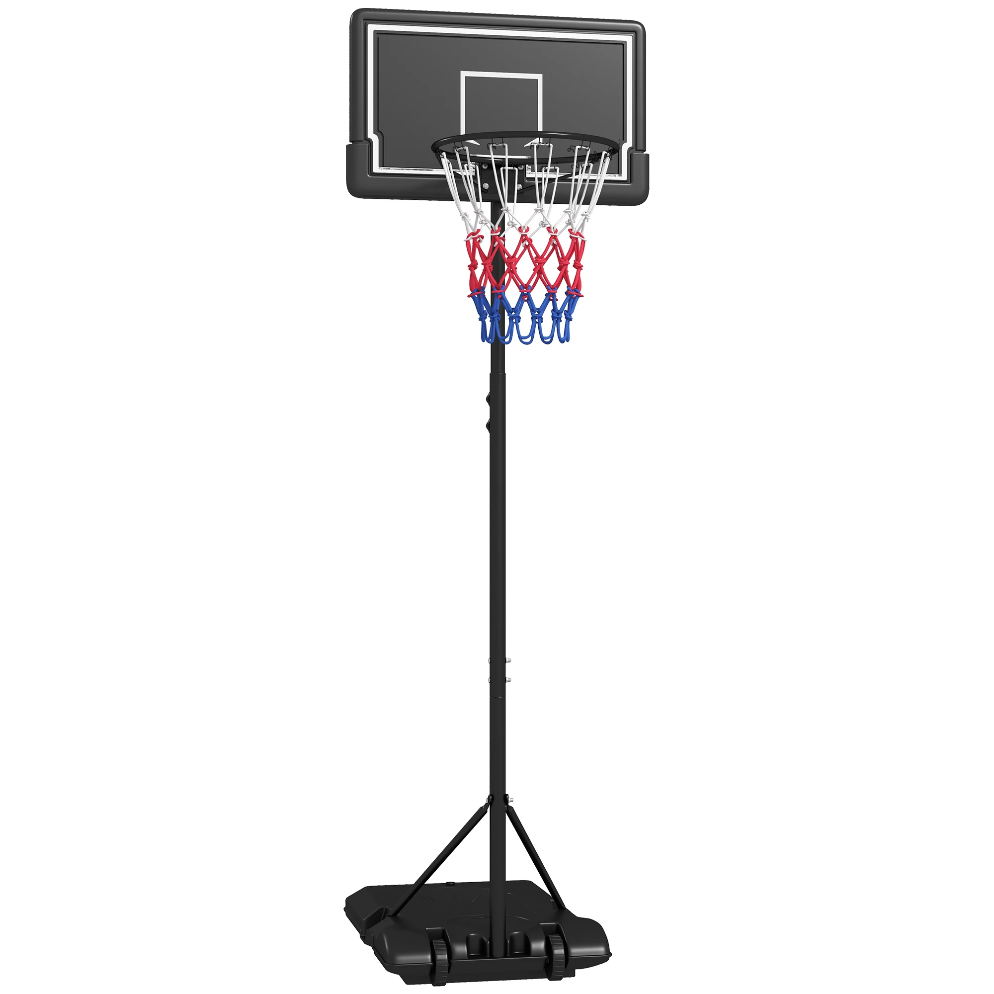 Panier de basket réglable sur pied, hauteur réglable de 220 à 250 cm, portable avec roues, panneau anti-éclatement pour jardin et terrain, 6 niveaux de réglage de la hauteur de 182 à 213 cm, base remplissable d'eau/sable pour une stabilité accrue