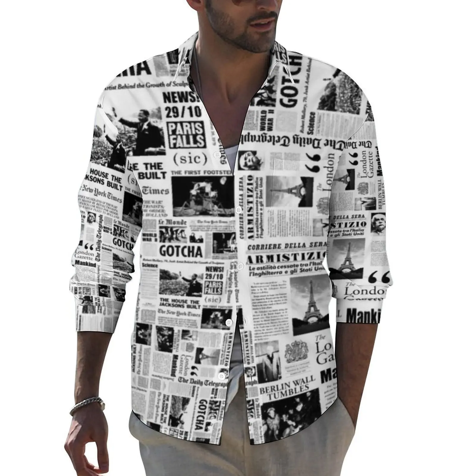 

Vintage Newspaper Stylish Casual Shirt Man Black White Shirt Spring Retro Blouses Long Sleeve Custom Oversize Clothes