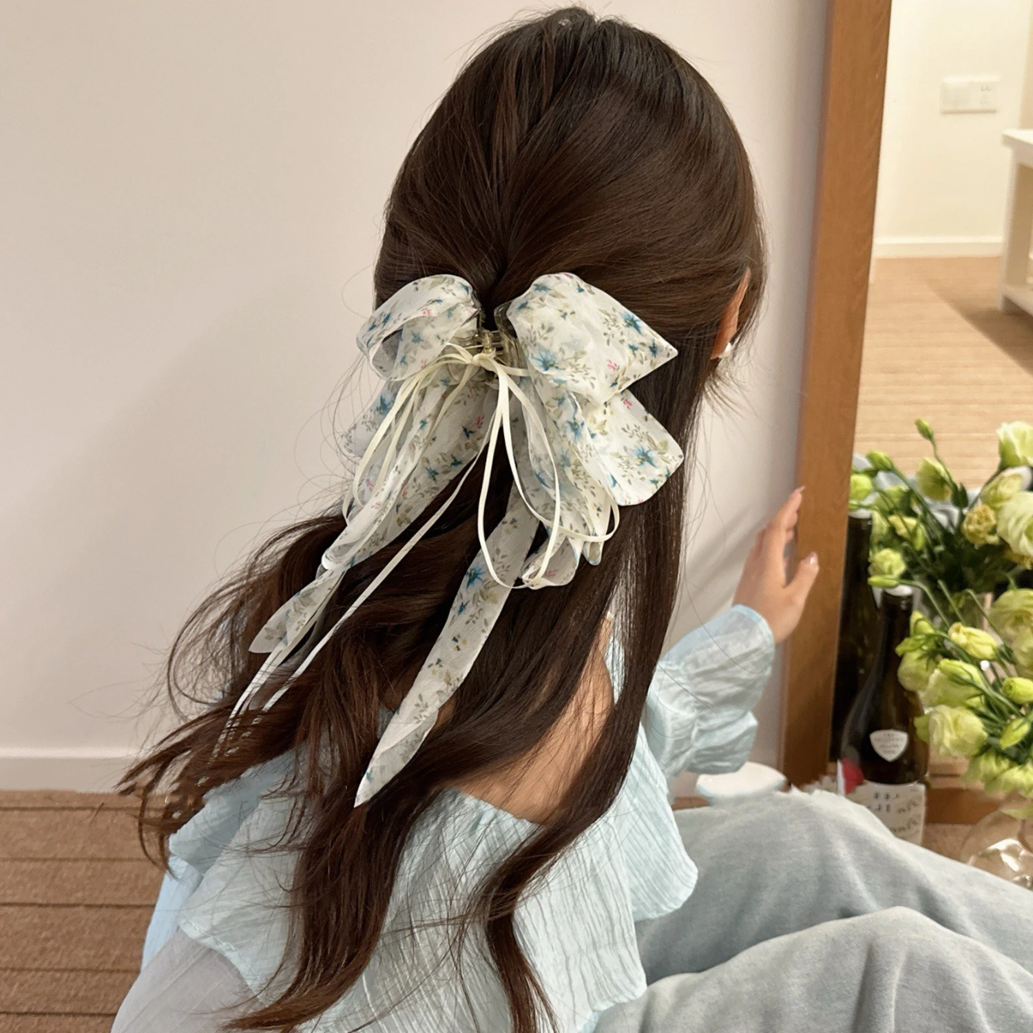 1 Stück französische Chiffon-Haarspange mit Blumenmuster, sanft und elegant, halbgebundene Haarspange, Haarspange für den oberen Teil, Haarspange für Pferdeschwanz, Haar-Accessoire – Detail 4