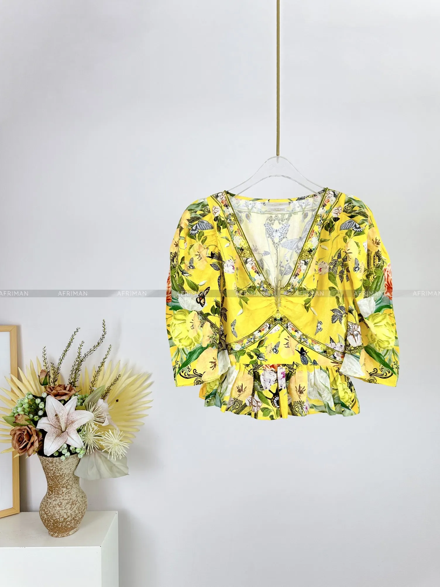 Women V Neck Heavy Beaded Puff Half Sleeve Waist Yellow Flower Print Linen Top