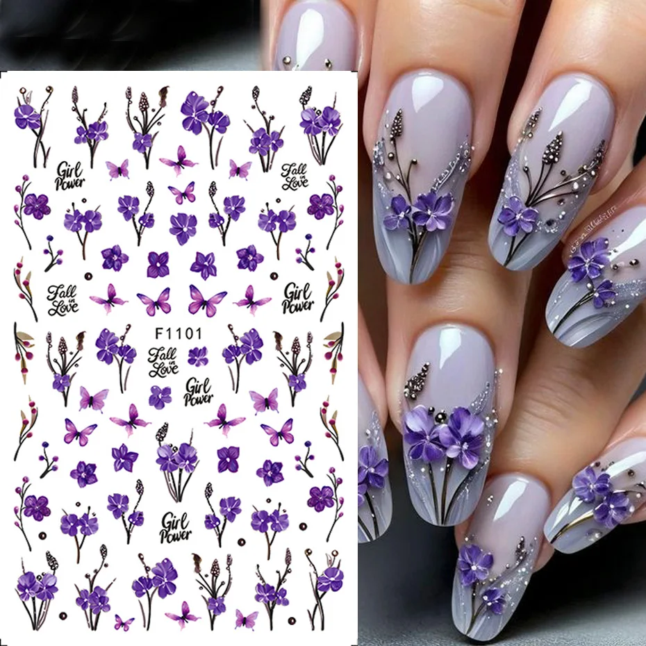 3D Nail Art Sticker Red Purple Yellow Flowers Leaf Rose Spring Plant Pattern Design Decals Self Adhesive Decoration DIY Manicure
