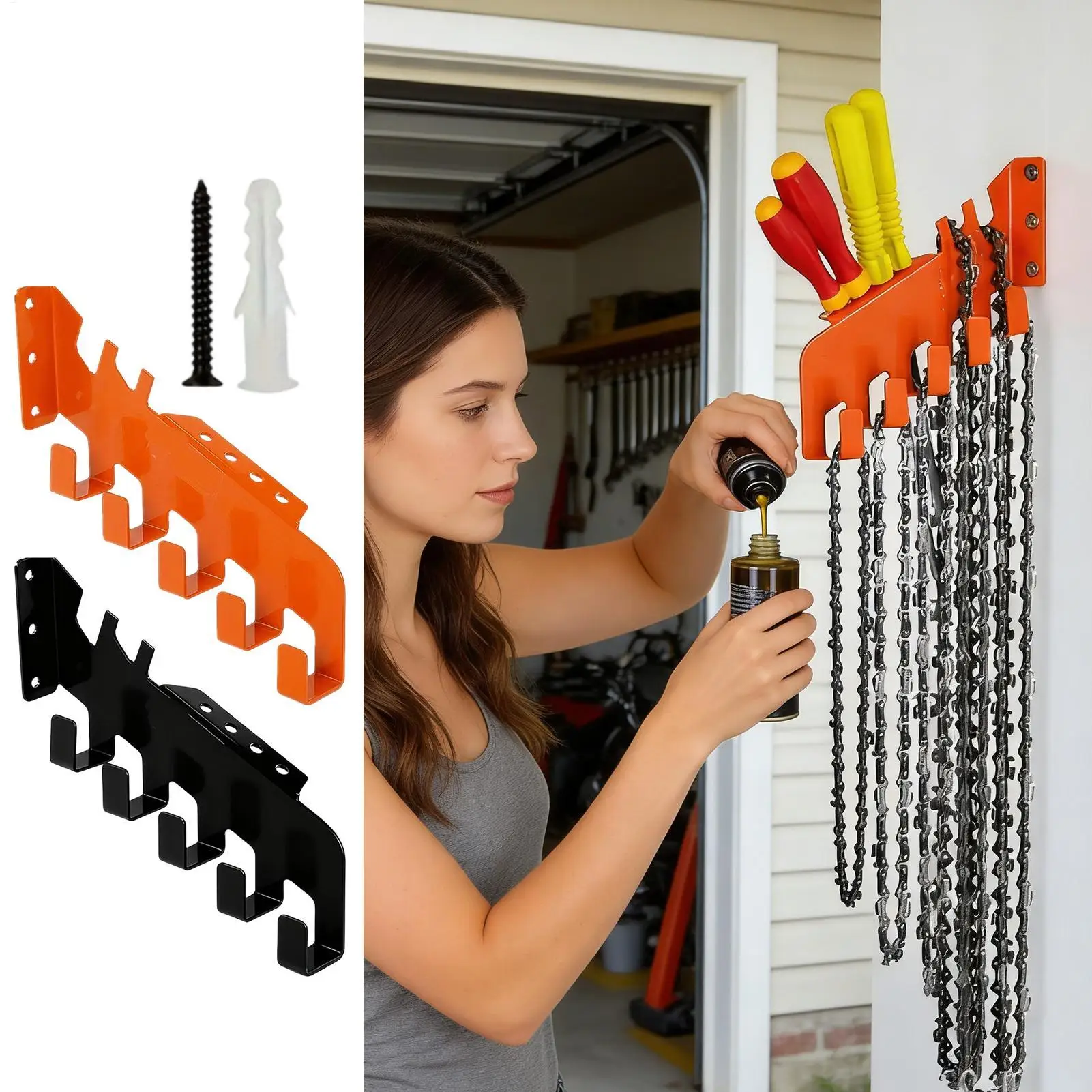 

Вешалка для цепи бензопилы Настенная стойка с 5 крючками Прочная вешалка для хранения цепной пилы для заточки напильников Садовый сарай