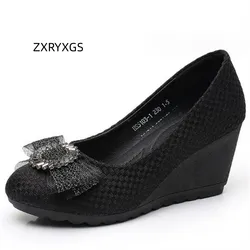 ZXRYXGS High Quality Microfiber Bow Rhinestone Fashionable Shoes Wedges Shoes Non-slip High Heels 2025 New Spring Women Shoes