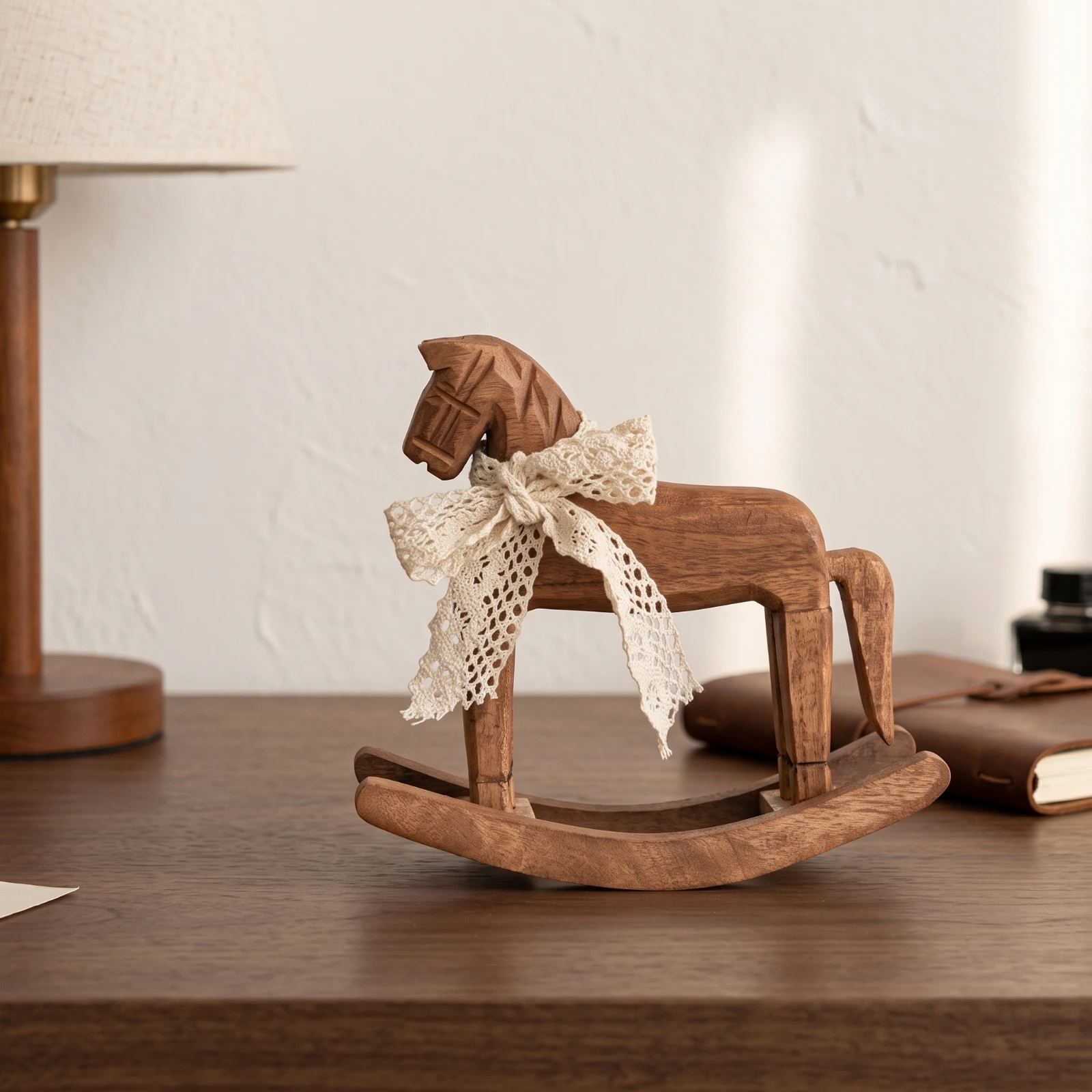 Wooden Rocking Horse Nostalgic Rocking Horse with Lace Ribbon Compact Classic for Collectors, Shelf, Entryway