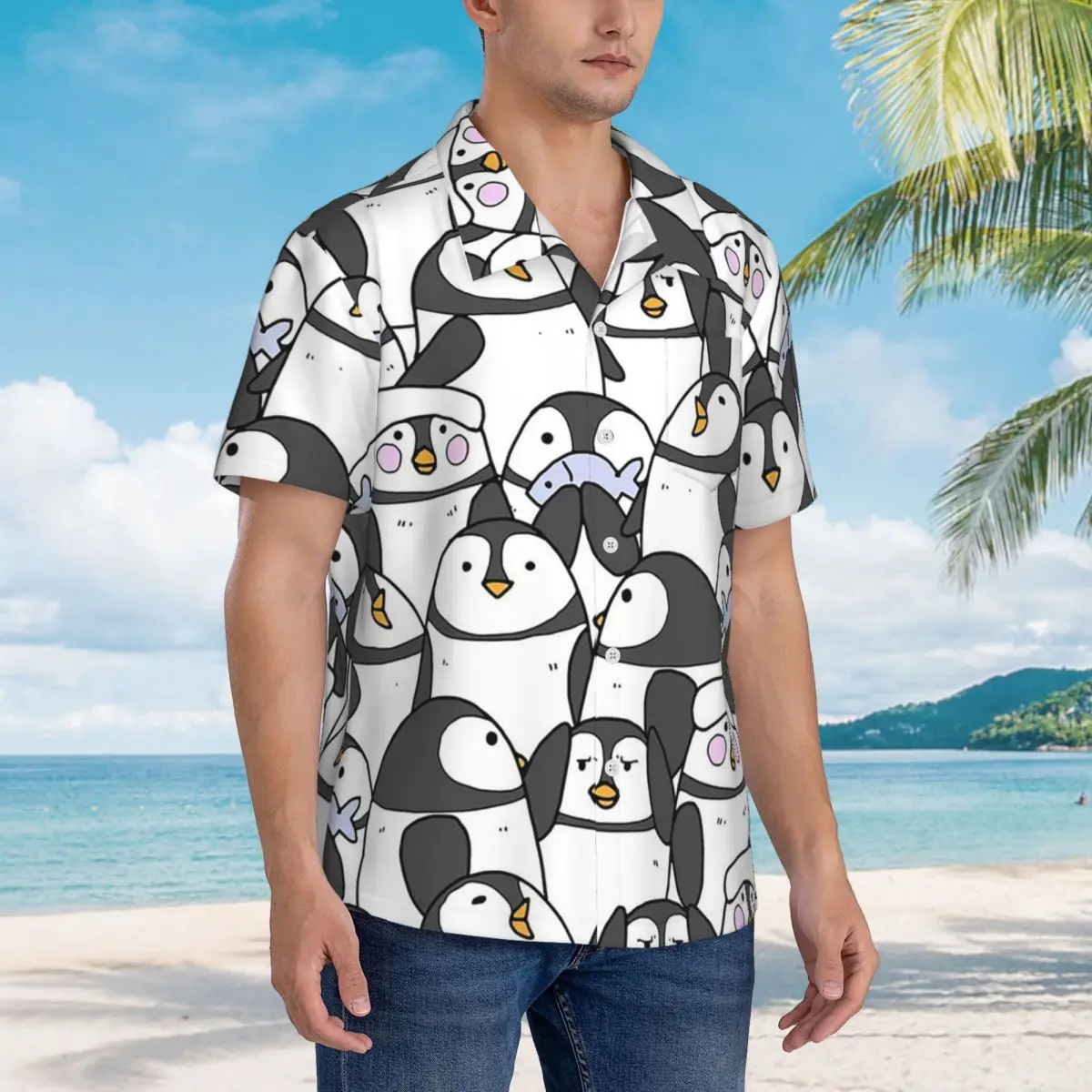 

Hand Drawn Penguin Set Hawaiian Shirts Casual Men Short Sleeve Shirt for Summer Beach Men's Button Tops