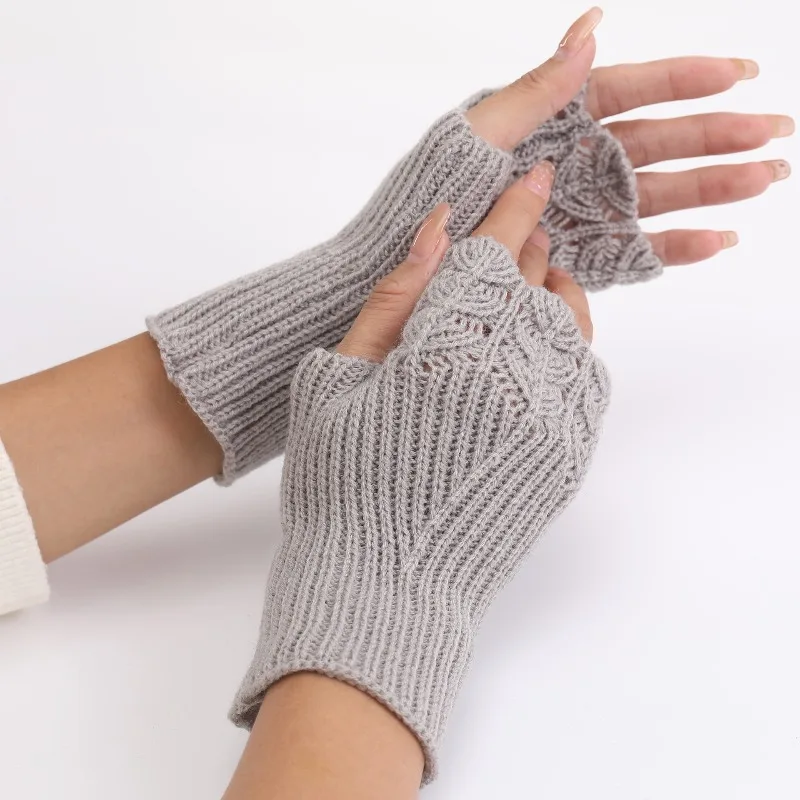2026 New Hollow Knit Women Fingerless Gloves Solid Color Knitted Wrist Cuffs Wrist Warmers Autumn Winter Decorative Knit Gloves