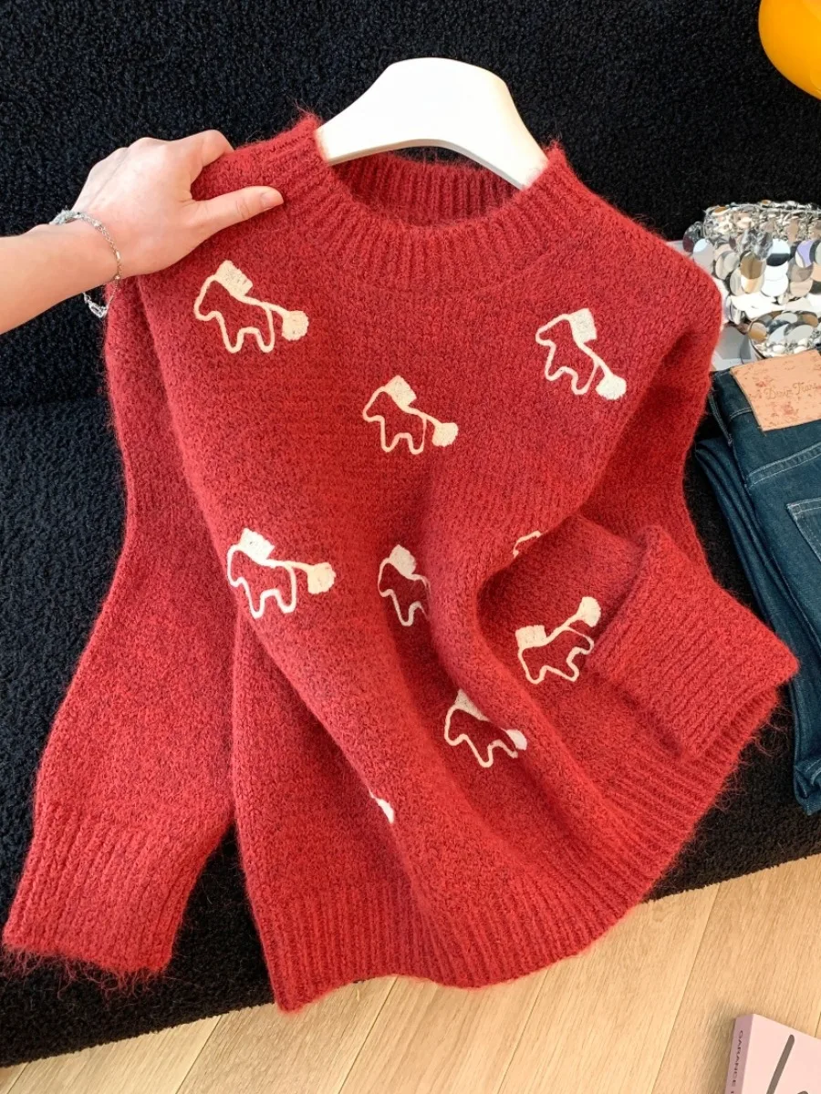 Cisas السنة الجديدة Aosphere الأحمر محبوك سترة المرأة فضفاضة مستديرة Ne لينة كسول Sle الدافئة الدب خنزير الحيوان نمط