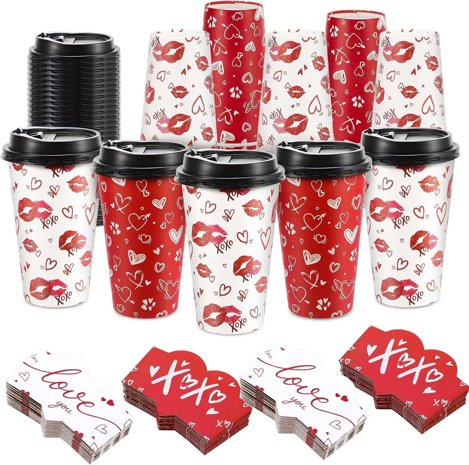 

50 Pcs Disposable Paper Cups with Lids and Sleeves 16 oz Red White Hearts Paper Coffee Cups for Wedding Anniversary Part