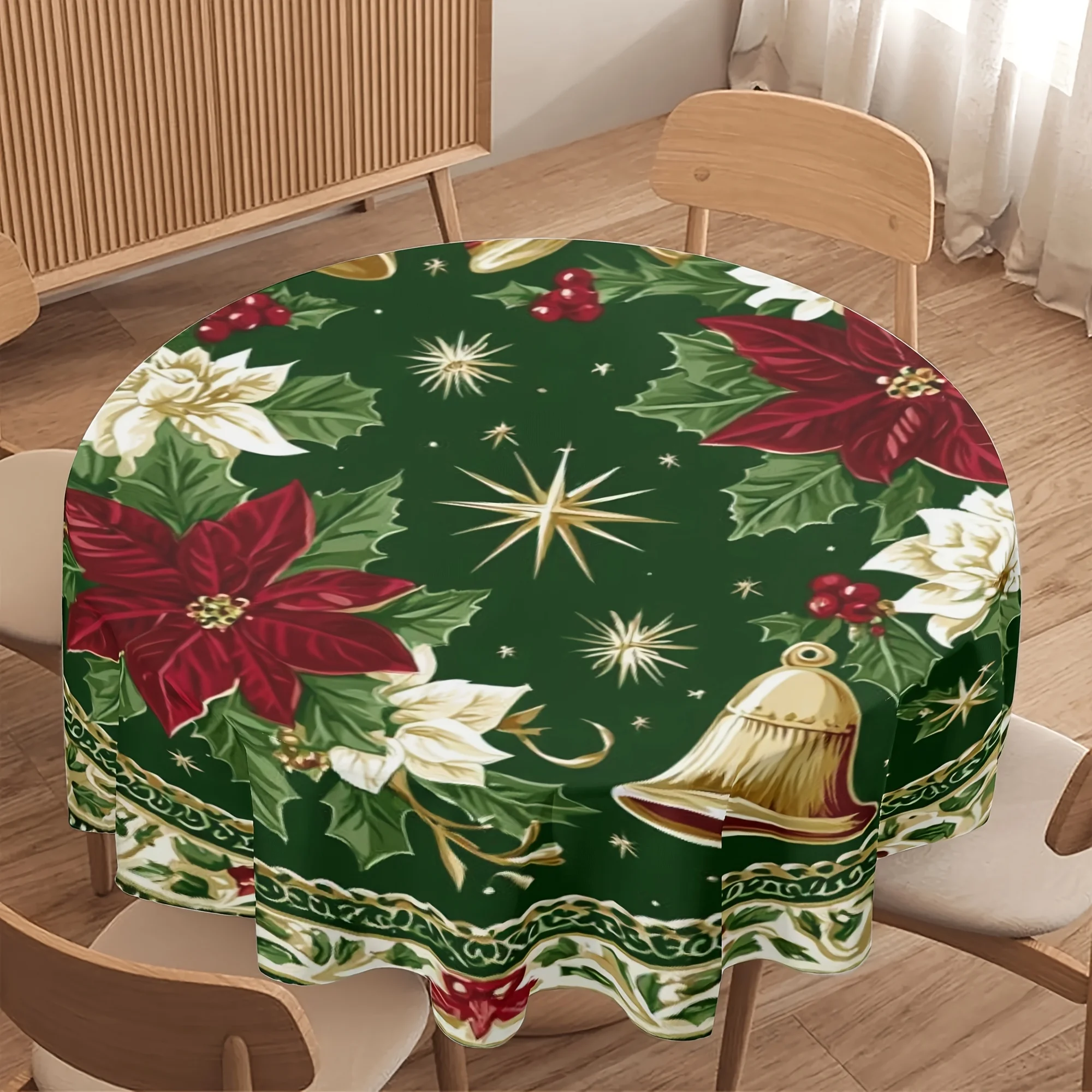 1pc Vintage Bohemian Round Tablecloth 60 Inches - Festive Design with Potted Orchids, Stars, and Bells, Durable