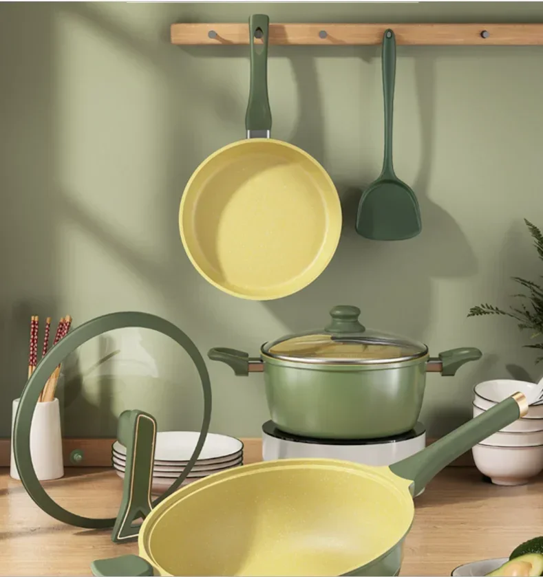 

Avocado Green Cookware Set，Soup pan, frying pan, and frying pan 3-piece set Kitchenware，Non-Stick Cookware Set, Household