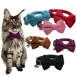 Velvet Bowknot Cat Collar Adjustable Safety Buckle Kitten Puppy Bow Tie Solid Color Cats Collar with Bell Pets Accessories