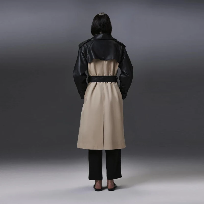 Trench coat feminino retalhos couro do plutônio lapela gola solta cintura longo blusão 2025 outono streetwear feminino outwear
