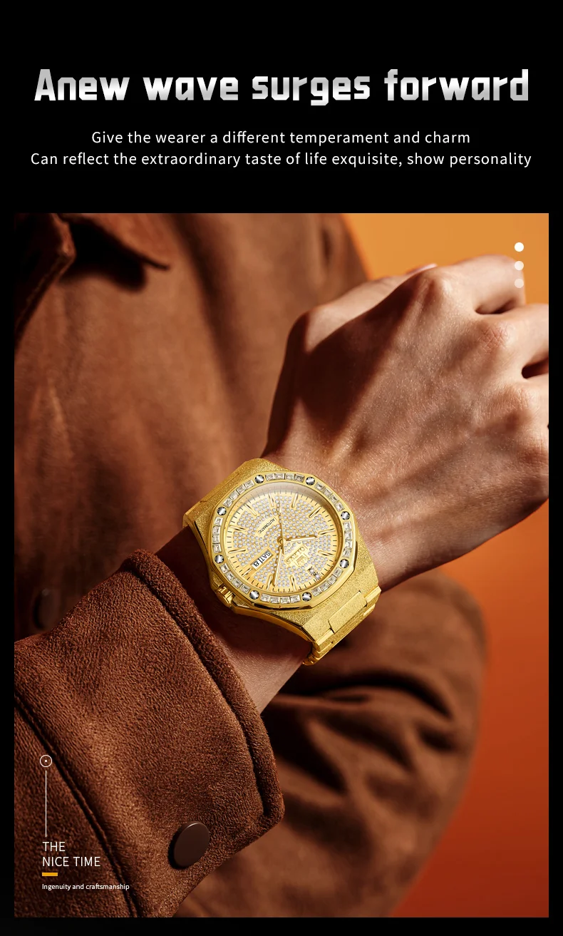 OLEVS 9803 Voll Diamantbesetzte Automatische Mechanische Uhren für Herren Luxus Edelstahl Wasserdicht Doppelkalender Business Herrenuhr – Detail 4