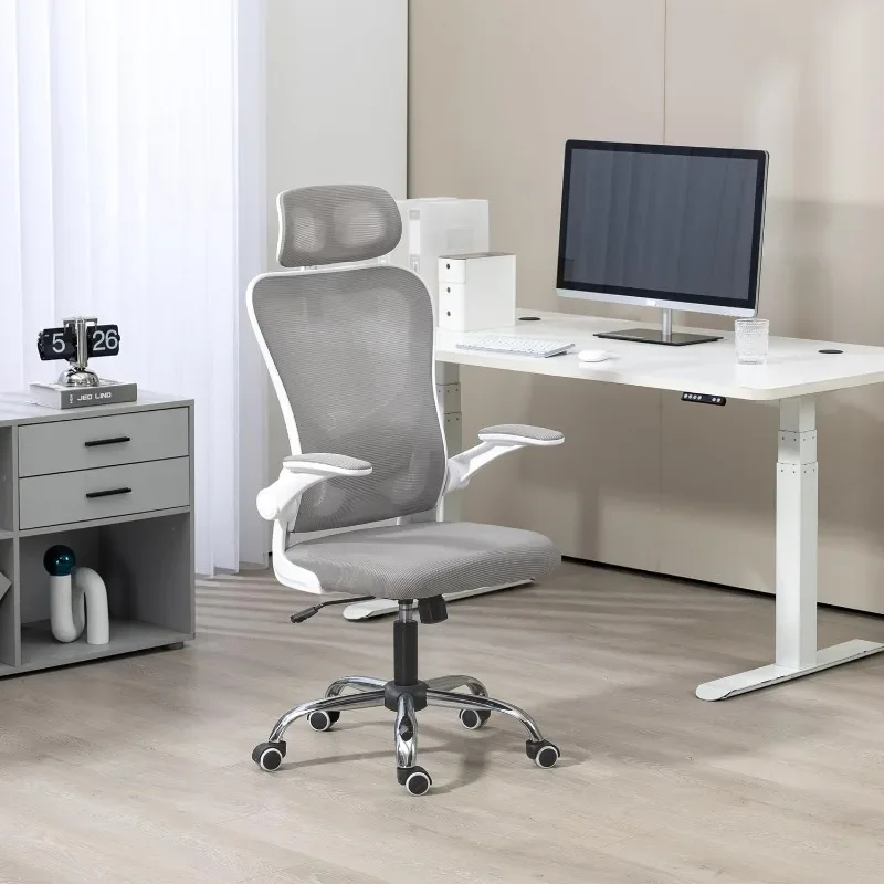 Silla ergonómica de oficina con respaldo alto, reposacabezas ajustable con respaldo de malla, reposabrazos acolchado abatible, silla giratoria de escritorio rodante, color gris