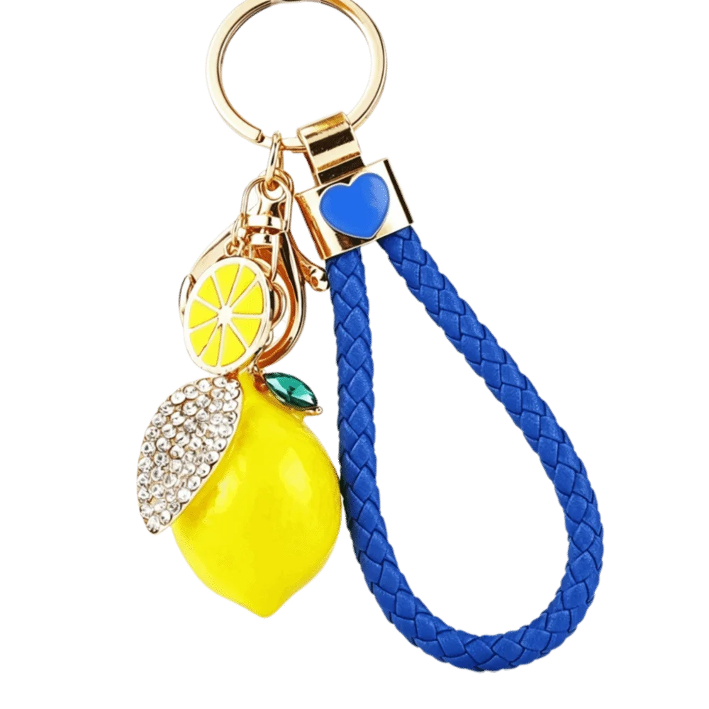 Süßer Zitronen-Schlüsselanhänger aus Legierung, kreativer Fruchtform-Anhänger mit geflochtenem Seil, Taschenanhänger, 3D-Metall-Schlüsselring, Geschenk – Detail 10