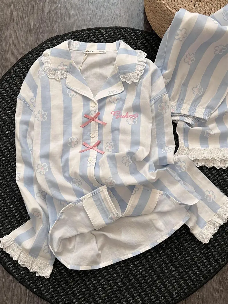 Women Pajama Set Long Sleeve Button Up Blue Striped Flower Lace Bow Shirt Long Pants 2Pcs Sleepwear Spring Cotton Loungewear Pjs