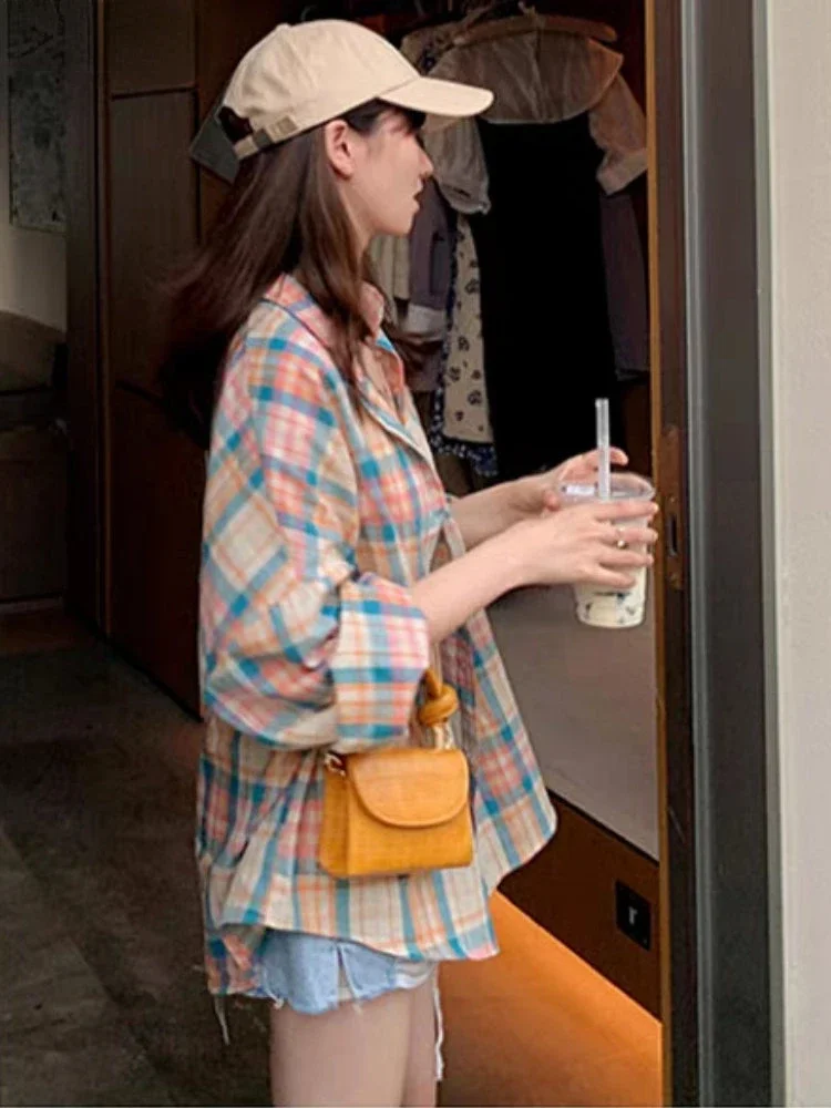 Camicie da donna Studenti Semplice dolce design scozzese All-match a prova di sole Estate sottile per il tempo libero Vacanza allentata Stile francese Donna quotidiana