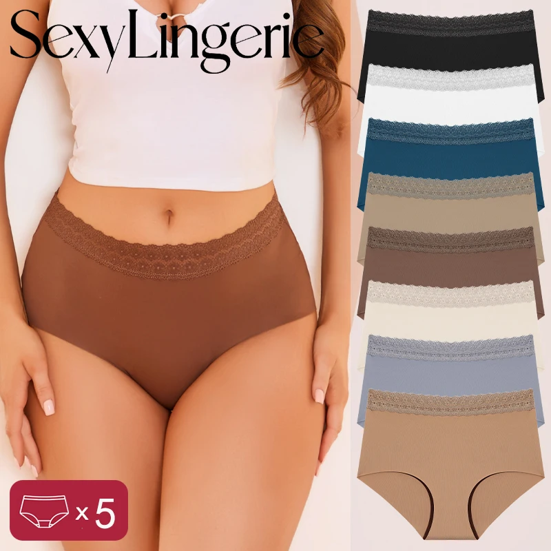 5 Stück Damen Eisseide Nahtlose Hochgeschnittene Slips Sexy Spitzenbesatz Atmungsaktive Unterhosen Einfarbige Intimwäsche Dessous