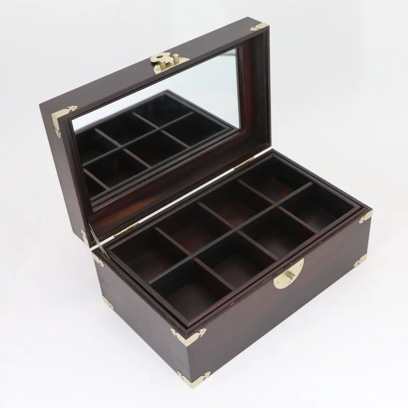 Caja de madera maciza de caoba para guardar joyas, con doble compartimento, y accesorios de cobre blanco.
