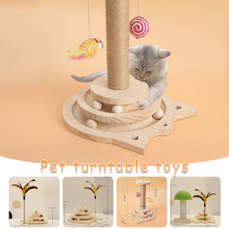 

3In1 Cat Scratch Post Wooden Base Mushroom Sisal Post Feather Stick Cat Interactive Track Ball Toy Scratcher Toys for Indoor Fun