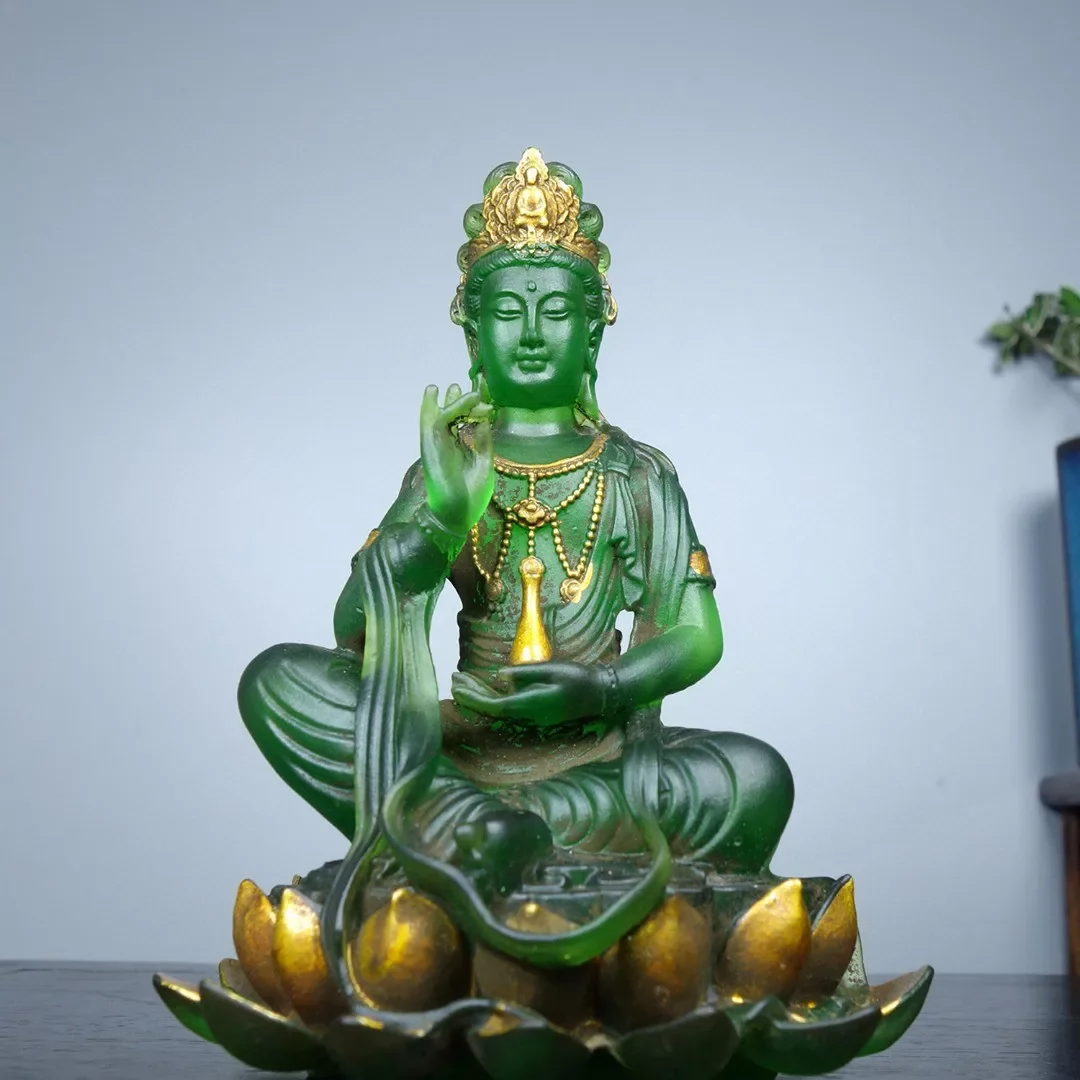 Vintage Antique Peking Glass Buddha Figurine Carving Zen Kwan Yin Statue Opening