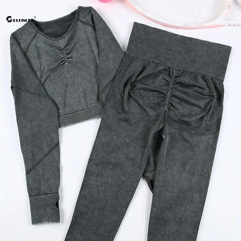 CHRLEISURE 2PCS Wash Yoga Suit Seamless Workout Outfit Sports Top with Butt Lifting Gym Ruched Tights Elastic Activewear