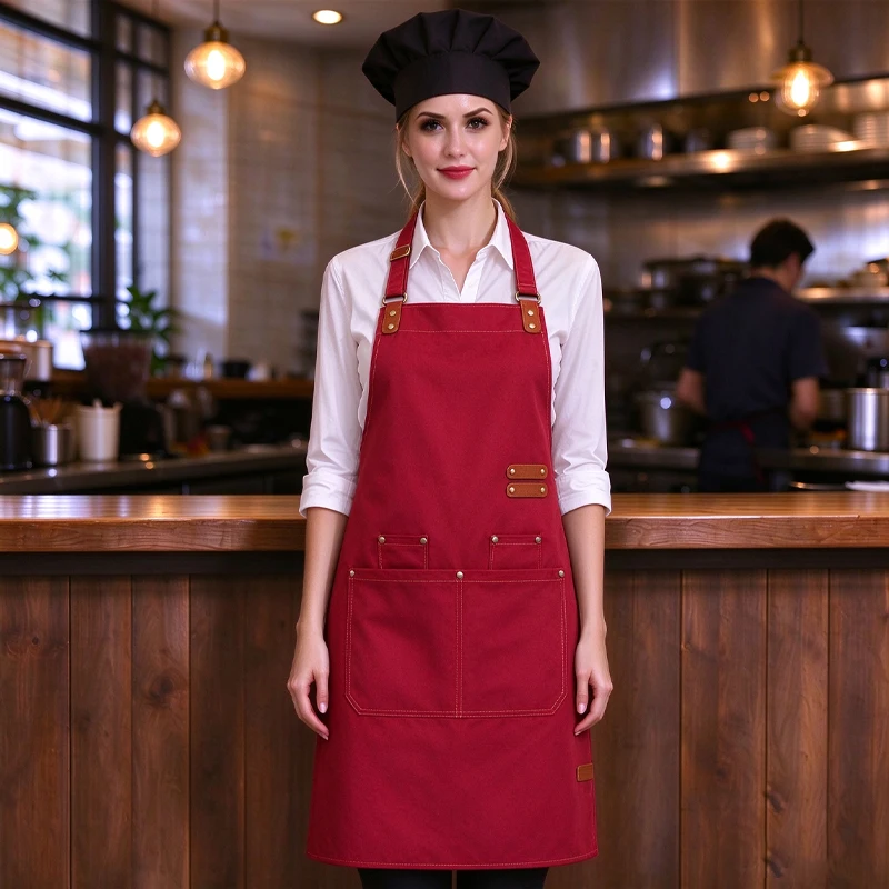 Adjustable Chef's Apron Halterneck Large Pockets Water-repellent Chef's Bib Barbershop Florist Bubble Tea Shop Work Apron