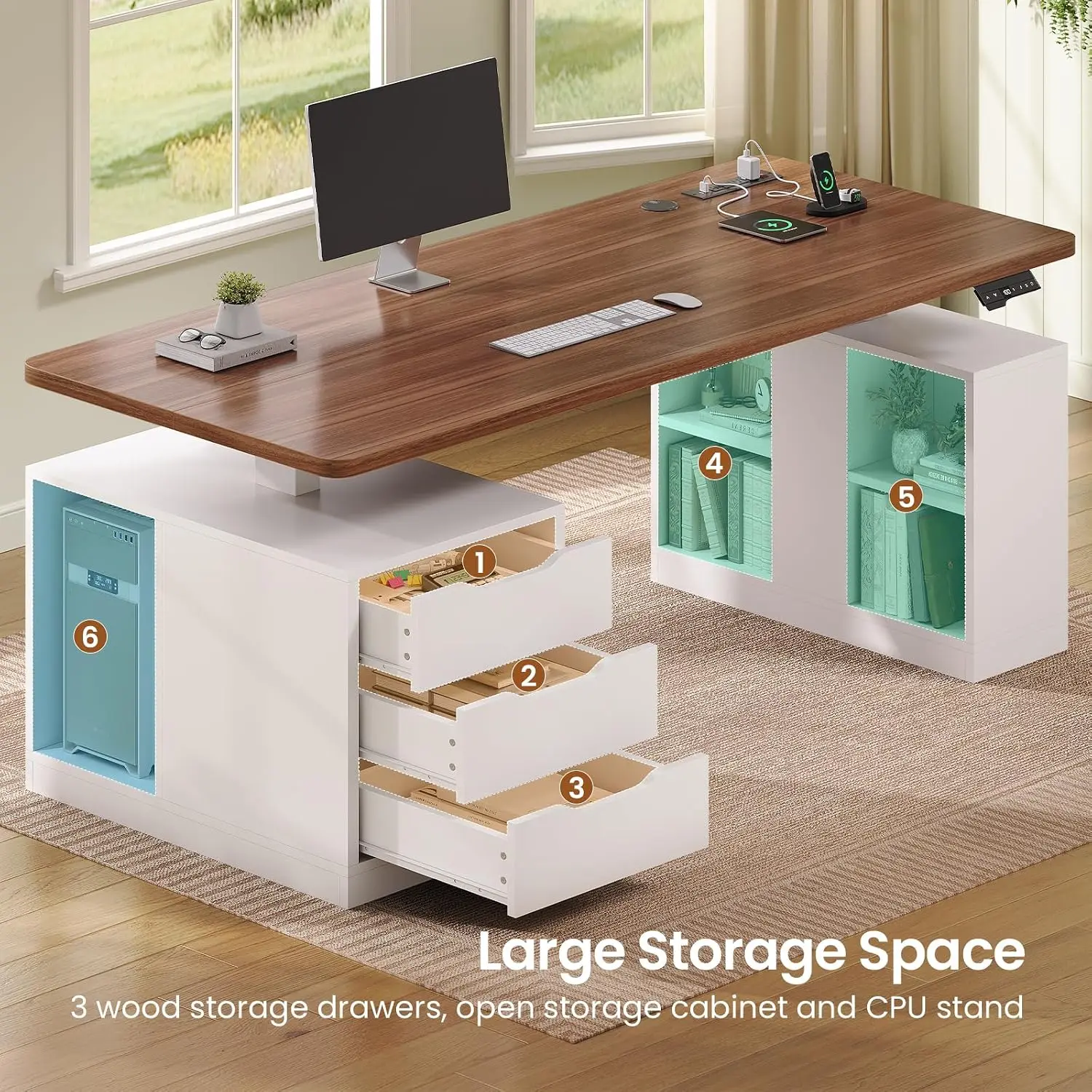 Modern Electric Standing Desk, 63" Height Adjustable Computer Desk with 3 Drawers, Storage Shelves, Power Outlets, Wood, Custom - view 5
