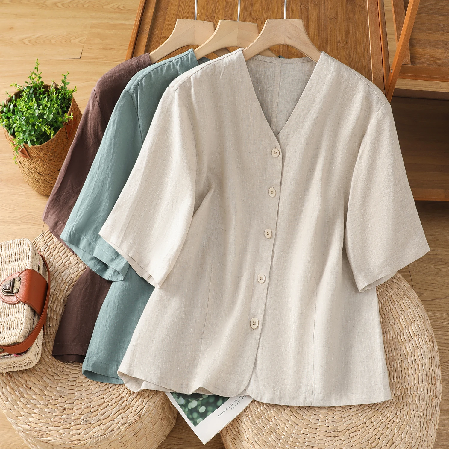 Casual Cotton Linen irt Women's Pure Color V-ne Mid-sve Single-button Coat Open Cardigan Top Commute Sle Loose Fit