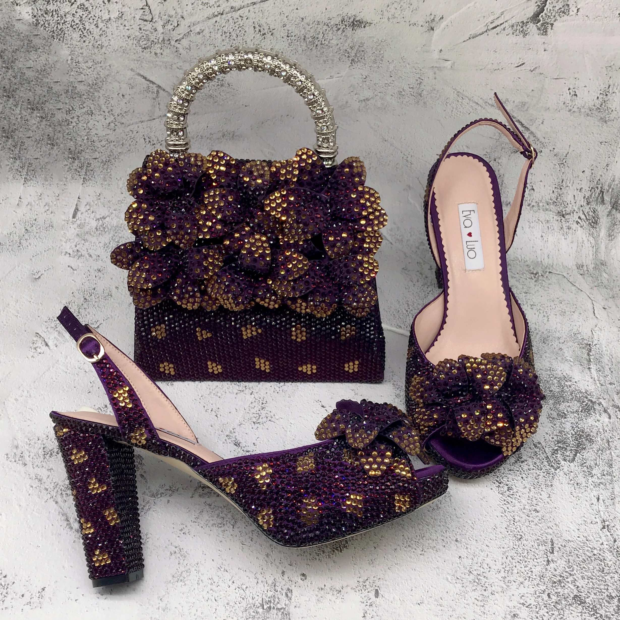 BS1735 Luxury Shinning Custom Made Purple Gold Rhinestone Flower African Italian Shoes And Bag Set For Birthday Wedding Party