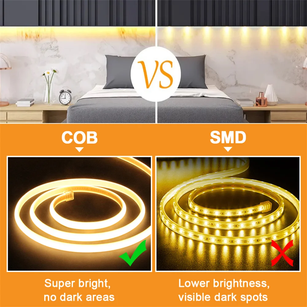 COB Strip LED 220v High Brightness IP65 Waterproof Outdoor LED Strip 220V LED Ribbon Flexible Tape for Home Garden Decor