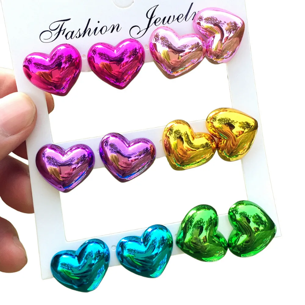 Metallic Color Heart Geometric Acrylic Y2K Stud Earrings for Women New 6pair/set Moon Star Bowknot Square Earring Korea Jewelry